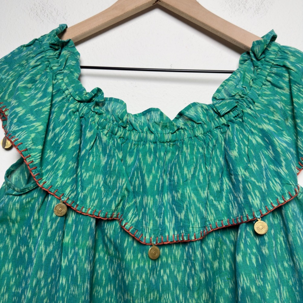 THML Women Preppy Top Medium Green Ikat Off The Shoulder Ruffle Embellishment - Picture 6 of 7